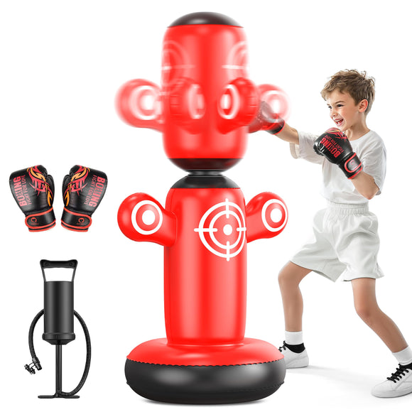 QPAU 360° Rotatable Punching Bag for Kids, Lager 64” Kids Punching Bag with Gloves, Hand Pump & 6 Targets, Bop Bag Inflatable Punching Toy, Karate Gifts for Boys, Girls (Red) QPAU