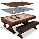 7' 3 in 1 Multi Game Pool Table with Dining Top Pool Ping Pong Table Combo with Dual Storage Bench Seating. Includes Billiards, Ping Pong Accessories.