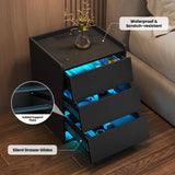 PIXOURA LED Nightstand with Charging Station, Modern Night Stand with 3 Slanted Drawers & LED Lights, Wood Bedside Table End Side Table for Bedroom, Office, Black