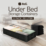 Reli. 90L Under Bed Storage Containers (8 Pack) | Closet Organizer with Clear Window | Underbed Storage Bins for Towels, Sweaters, Linens | Large Organizer for Closet (Black)