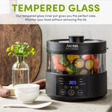 Aroma Housewares Professional 8-Cup (Cooked) SmartCarb Multicooker and Flavor-Lock Food Steamer for Low-Carb Rice and Grains, Glass Inner Pot, Black (AMC-800), Transparent Glass, 4 Cup Uncooked Rice
