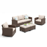 MIXPATIO Swivel Glider Patio Furniture Set, 5 Pcs Wicker Rattan Outdoor Conversation Set, 2 x Swivel Chairs, 1 x 3 Seater Sofa and 2 x Ottoman with 4" Thick Cushion, Beige