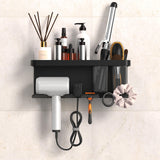 YIHOFLO Hair Dryer Holder Wall Mounted Adhesive/Drilling, Hair Dryer Storage Organizer with Shelf & Hooks for Bathroom, Blow Dryer Holder, Hair Tool Organizer (Black)