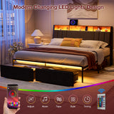 IKIFLY King Bed Frame with Dustproof Storage Drawers, Ergonomic Hidden Storage headboard with Charging Station, Upholstered LED King Platform Bed, No Box Spring Needed, Easy Assembly, Dark Grey