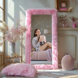 Anpark Full Length Mirror Free Standing Furry Faux Fur Framed Full Body Floor Mirror Wall Mounted Leaning Hanging Wall for Bedroom Hallway Entrance, 71"x32", Pink