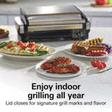 Hamilton Beach Electric Indoor Searing Grill with Adjustable Temperature Control to 450F, 118 sq. in. Surface Serves 6, PFAS-Free Removable Nonstick Grate, Stainless Steel (25360)