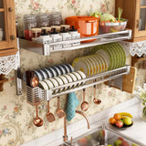 SHENJIA Wall Mounted Dish Drying Rack, 2-Tier Stainless Steel Hanging Dish Drainer with Chopsticks Knife Holder Drainboard, Kitchen Supplies Plates Bowls Cups Storage Shelf (23.6x11.8x19.7in)