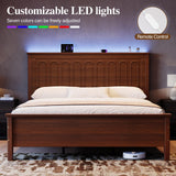 Uteeran King Size Bed Frame with Tall Headboard, Mid Century Modern Wood Platform Bed with Charging Ports and LED Lights, Solid Wood Slat Support, No Box Spring Needed, Easy Assembly, Warm Brown