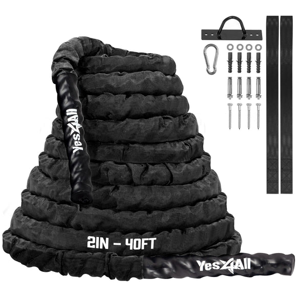 Yes4All Battle Rope with Protective Cover – Steel Anchor & Strap Included - Poly Dacron 2in - 40ft Yes4All