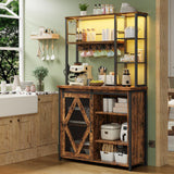 HOOBRO Bakers Rack with Power Outlet and LED Light, Microwave Stand with Sliding Barn Door, Coffee Bar Cabinet with 6-S Hooks, Kitchen Storage Shelf with Cabinet, Rustic Brown and Black BF23UDHB01