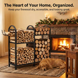 ZEXVIDA Firewood Rack Indoor With Hooks, 31inch Firewood Rack, 2-Tier log holders for firewood outdoor, Fireplace Wood holder Indoor, Adjustable Small Fire Wood Storage