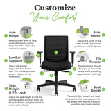 Lumbar Support, Synchro‑Tilt Desk Chair with Wheels for Home Office or Computer Use, Black Frame