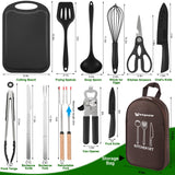 Camping Essentials Cookware Cooking Utensils Set - Portable Camp Kitchen Mess Kit Outdoor Accessories, Stainless Steel & Silicone, Camping Gear Equipment for RV Picnic Grill, Brown
