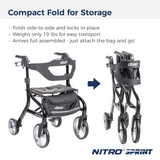 Drive Medical Nitro Sprint Foldable Rollator Walker with Seat - Lightweight Support - Large Wheels - Compact Folding Design - Adjustable Comfort - Standard Size - Black