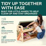 Kids & Toddler Shoe Rack with Bench Seat: Solid Pine Wood 2-Tier Shoe Organizer with Hidden Storage - Safari Giraffe Design Kids Furniture - Cushioned Seat, Rounded Safety Corners, Easy Assembly