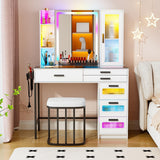 MDGC Makeup Vanity Desk with Mirror and RGB Lights,Glass Top Vanity Table with Wireless Charging & Stool,Vanity Set with 6 Drawers & Storage Cabinet & Makeup Organizer，Bedroom（White）