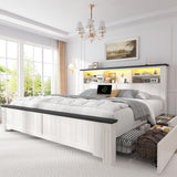 EnHomee King Size Bed Frame and Headboard & Storage, 4 Drawers and LED Built in Charging Station with Storage Farmhouse,Noise-Free,No Box Spring Needed,White