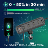 Desk Clamp Power Strip 6FT, Flat Plug Charging Station, Black