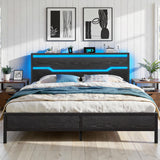 Homkdom King Size Bed Frame with LED Lights & Charging Station, King Bed Frame and Headboard,13" Under Bed Storage, Noise-Free Heavy Duty Metal Support, Modern Black