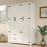 AMERLIFE Farmhouse 3 Door Wardrobe Closet with 2 Drawers & Hanging Rod, 47" Large Armoire Storage Cabinet with Adjustable Shelves, Freestanding Clothing Organizer for Bedroom, White