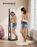 SONGMICS 6 LEDs Lockable Mirror Jewelry Cabinet, 360° Swivel Jewelry Organizer Armoire Standing, Frameless Full-Length Mirror, 3 Storage Shelves, Ash Brown Surface, Black Lining UJJC007K02