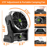 TDLOL Battery Powered Fan, 20000mAh Coldless Fan Rechargeable Fan Portable,270°Head Rotation Camping Fan with LED Light & Hook,Quiet USB Table Fan Battery Operated Fan Camping Fan for Tents Black X26