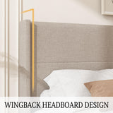 King Size Linen Platform Bed Frame with Wingback Upholstered Headboard