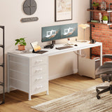 PRAISUN 63 Inch Computer Office Desk with Power Outelts and USB-C Port, Reversible Gaming Desk with 4 Fabric Drawers, Work Study Desk Work from Home, White