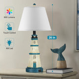 WIHTU Table Lamps Set of 2, Bedside Lamps with Dual USB Charging Ports, 3-Way Dimmable Modern White Blue Lighthouse Touch Control Nightstand Lamps for Living Bedroom, Bulbs Included