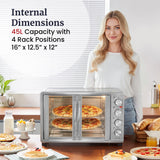 Elite Gourmet ETO-4510M French Door 47.5Qt, 18-Slice Convection Oven 4-Control Knobs, Bake Broil Toast Rotisserie Keep Warm, Includes 2 x 12" Pizza Racks, Stainless Steel