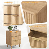 Go Beyond Fluted Night Stand with Charging Station, 3 Drawers Large End Table, Natural Nightstand Set of 2 with Storage, Wood Bedside Tables for Living Room, Bedroom (Wooden)