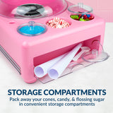 Nostalgia Cotton Candy Machine - Retro Cotton Candy Machine for Kids with 3 Built In Bowls for Hard Candy or Flossing Sugar Storage - 2 Reusable Cones, 1 Sugar Scoop, and 1 Extractor Head – Pink