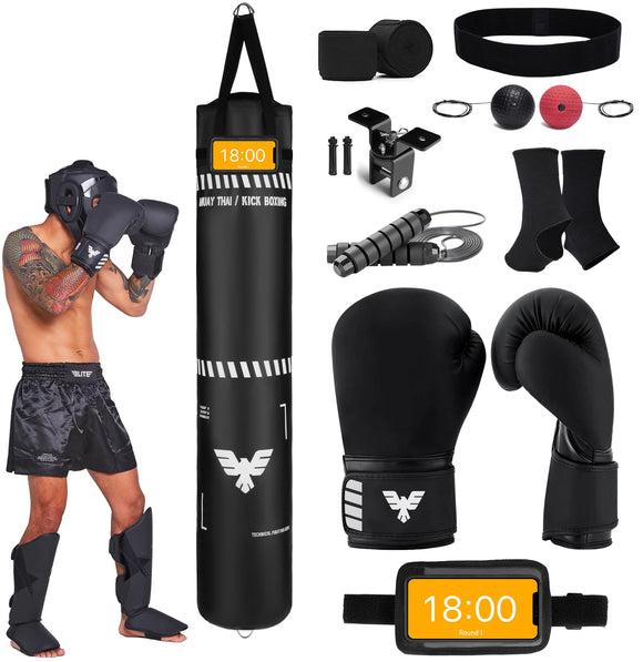 6 Ft Tall Muay Thai Punching Bag Set - Heavy Bag, Training Gloves, Hand Wraps for Kickboxing Heavy Bag, MMA 100 Lbs Bag (Unfilled) Elite Sports