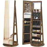 SONGMICS 6 LEDs Lockable Mirror Jewelry Cabinet, 360° Swivel Jewelry Organizer Armoire Standing, Frameless Full-Length Mirror, 3 Storage Shelves, Rustic Brown Surface, Black Lining UJJC007X01