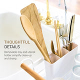 YAMAZAKI Home Dish Drying Rack – Modern White Dish Rack for Kitchen Counter with Removable Drainer Tray and Cutlery Holder, Steel + Wood Dish Drying Organizer, Small Space-Saving Design