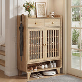 SnyFivv Shoe Cabinet, 43.9" Tall Shoe Storage Cabinet with 2 Doors & Drawer, Freestanding Shoe Organizer Cabinet with 3 Adjustable Shelves, Wooden Shoe Rack Organizer for Entryway, Hallway (Wood)