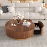 Round Coffee Table with Storage for Living Room, Wooden Circle Center Coffee Table with Drawers, Modern Accent Walnut Table for Bedroom Balcony Office, Fully Assembled (Brown)