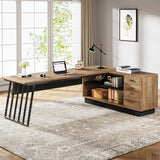 Tribesigns 71-Inch Executive Desk, L-Shaped Desk with Cabinet, Large Office Desk with Drawers and Storage Shelves, Writing Table Computer Desk for Home Office, Oak and Black