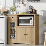 GarveeHome Kitchen Microwave Cabinet with Storage and Drawers, Modern Small Buffet Cabinet with Glass Doors and Adjustable Shelf, Wooden Sideboard with Wide Top for Dining Room, Living Room, Natural