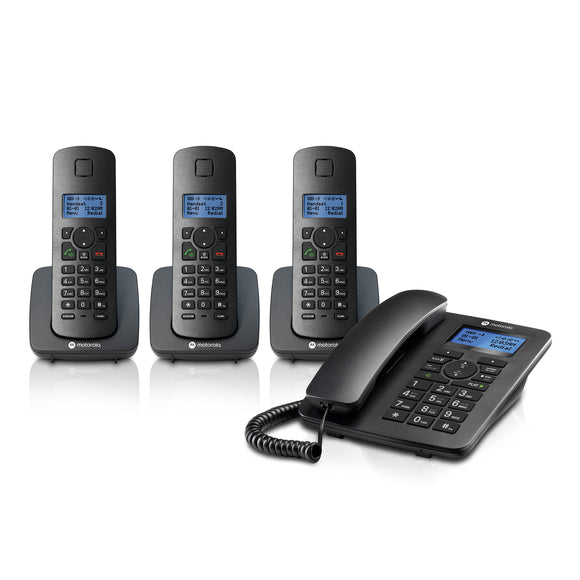 Corded Phone System + 3 Digital Cordless Handsets w/Answering Machine, Call Block - Black (C4203) Motorola Voice