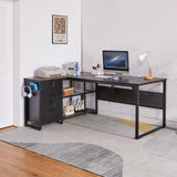 Executive Desk with Power Outlet, Lockable File Drawer and Storage Shelves,L Shaped Office Desk with Pegboard