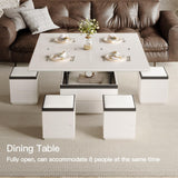 TreLined Lift Top Coffee Table with 4 Storage Stools, Rising Tabletop Center Tables, Expandable Dining Tables with Compartment and Drawer, Modern Office Desk End Table, White, 47.24" L