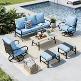 MFSTUDIO 6 Piece Metal Patio Furniture Set with Blue Cushion