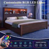 Uteeran King Size Bed Frame and Tall Headboard & Storage, Metal Platform Bed Frame with 4 Storage Drawers, King Bed Frame with LED Lights & Charging Ports, No Box Spring Needed, Noise-Free, Brown