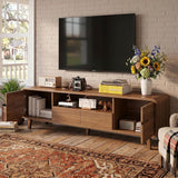 Quvex 70.8" Mid Century TV Stand for 65-80 Inch TVs, Walnut & White Entertainment Center with Storage Cabinets, Drawers, Open Shelf & Cable Management, Solid Wood Legs, Media Console for Living Room