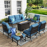 MFSTUDIO 8 Piece Metal Patio Furniture Set with Fire Pit Table, Denim Blue
