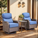 moosprr Luxury Outdoor Swivel Rocker Patio Chairs, High Back Patio Swivel Chairs with Side Table & 6-Inch Thick Cushions, Wicker Outdoor Bistro Set for Porch, Yard, Deck, Poolside, Brown/Blue