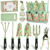 Gardening Tools, WisaKey 10 Piece Heavy Duty Green Garden Tools Set with Non-Slip Ergonomic Handle, Durable Fashion Garden Tool Organizer HandBag