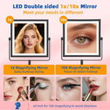 Ruacq Makeup Mirror with Lights, 4000mAh Rechargeable Magnifying Mirror with Light, 1X/10X, Height Adjustable Bathroom Vanity Mirror, 3 Colors, Adjustable Brightness (Matte Black)