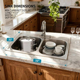 Kitsitchen 33x22 Drop in Kitchen Sink, 33 Inch 304S Stainless Steel Double Bowl Kitchen Sinks with 50/50 Design and Two Strainer, 33" X 22"X 9" Large and Deep Top Mount Kitchen Sinks with 3 holes